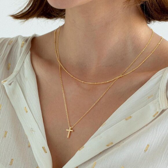 Hypoallergenic Layered Beaded Cross Necklace - Gold Plated with CZ Accents - Picture 3 of 7
